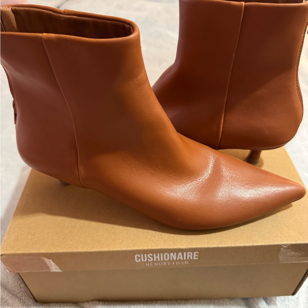 Cushionaire Pointed Toe Ankle Booties in Cognac